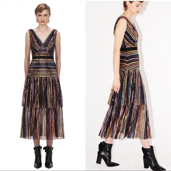Self Portrait Stripe Sequin Sleeveless Midi Dress - Picture 1 of 12